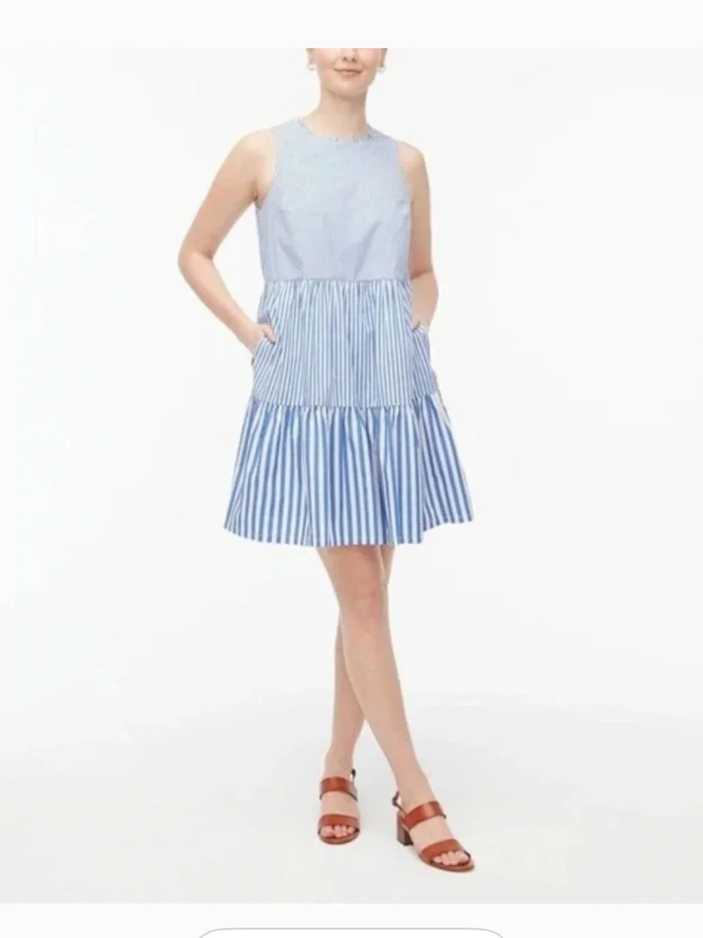 J Crew 4Sleeveless Blue Striped Tiered Summer Dress